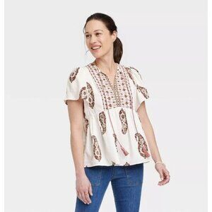 Knox Rose Women's Medium Flutter Short Sleeve Top White Paisley Boho Lightweight